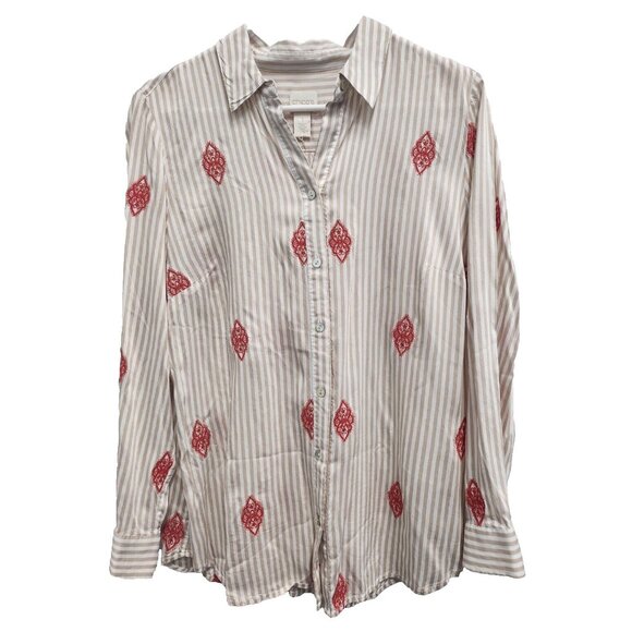 Chicos Button up Shirt Womens Medium Embroidered Striped Long Sleeve BOHO Casual - Picture 1 of 10